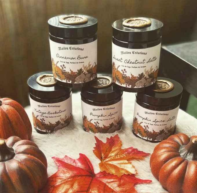 Bougie ambrée avec seau de cire "Le temps d'un automne"